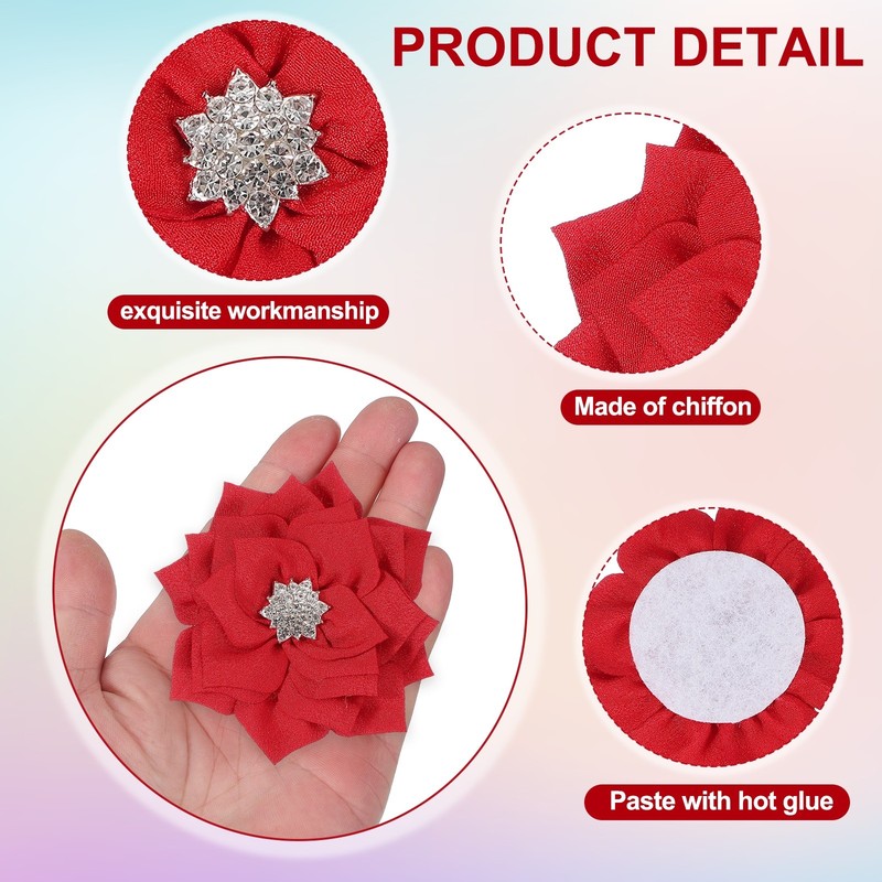 3 Inch 10 Pcs Rhinestone Pearl Chiffon Flower, Red gallery