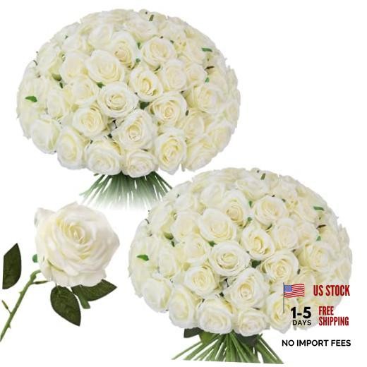 50pcs Roses Artificial Flowers Bulk,Realistic Long Stem Fake Silk Off White-50