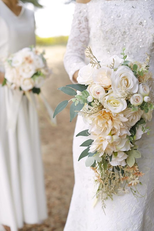 Ansofi Cascading Bouquets For Bride Beige Rose Artificial Bridal Bouquet For gallery