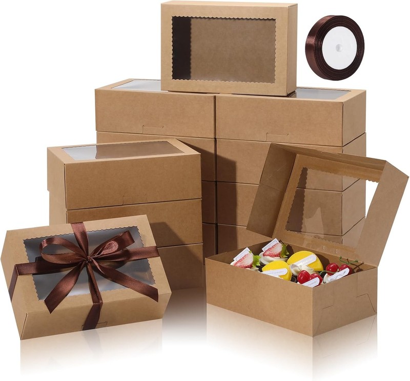 10Pcs Cookie Boxes with Ribbons, 9x6x3 Inch Bakery Boxes with Window, Brown