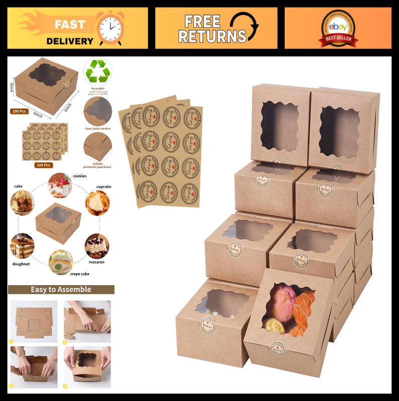 100 Pcs Small Cake Boxes with Window 6x6x3 Inches – Pastry, Cookie, Dessert Cont