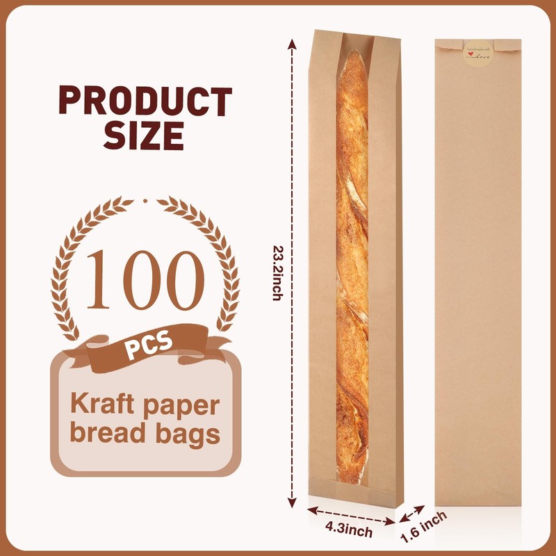 100 Pack Paper Baguette Bread Loaf Packing Bakery Storage Bags with Window fo... gallery