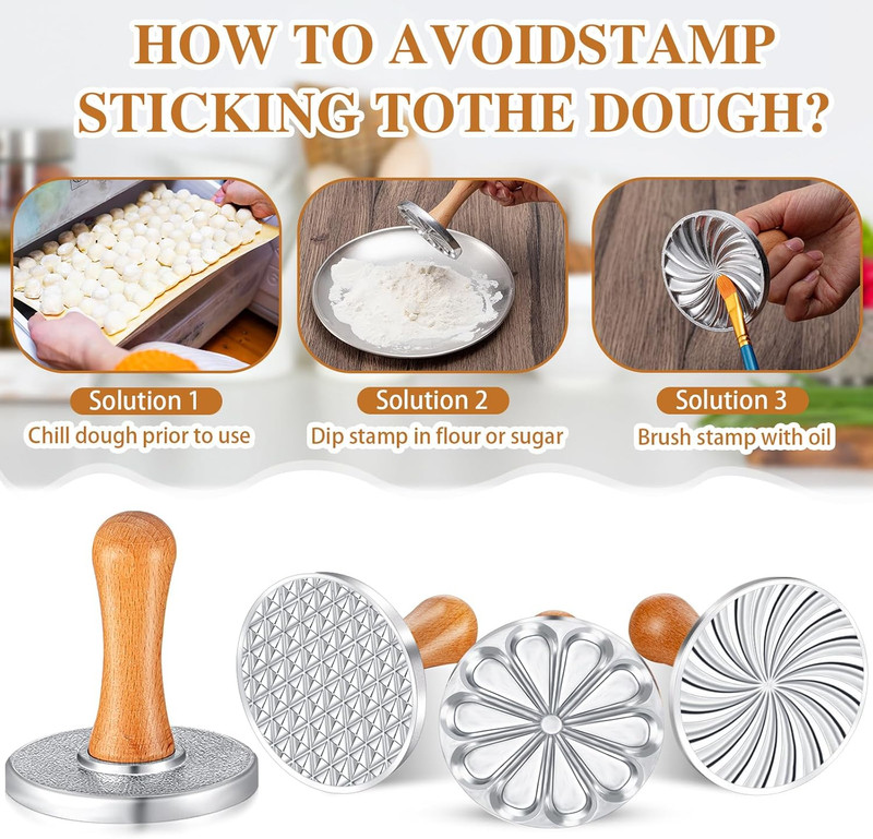 3 Pcs Cookie Stamps round Metal Cookie Press Cutter Mold with Wooden Handle Baki gallery