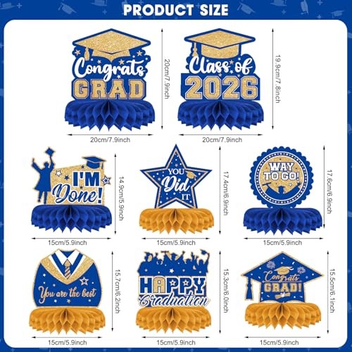 8 Pieces Class of 2026 Graduation Table Decorations - 2026 Congrats Blue Gold gallery