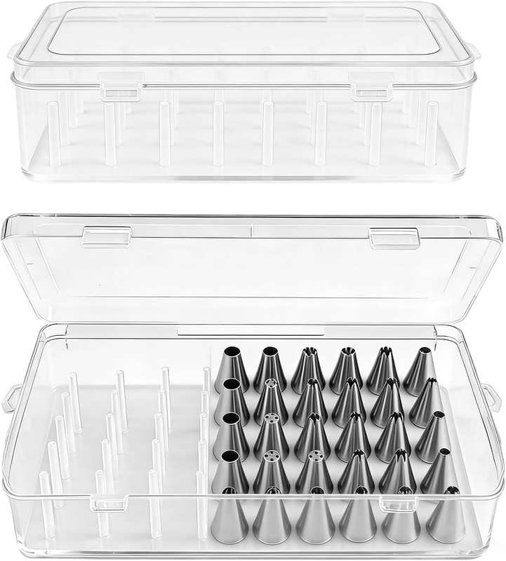 2Pcs Piping Tip Organizer Box with Fixed Pins Holds 84 Tips, Transparent Plastic