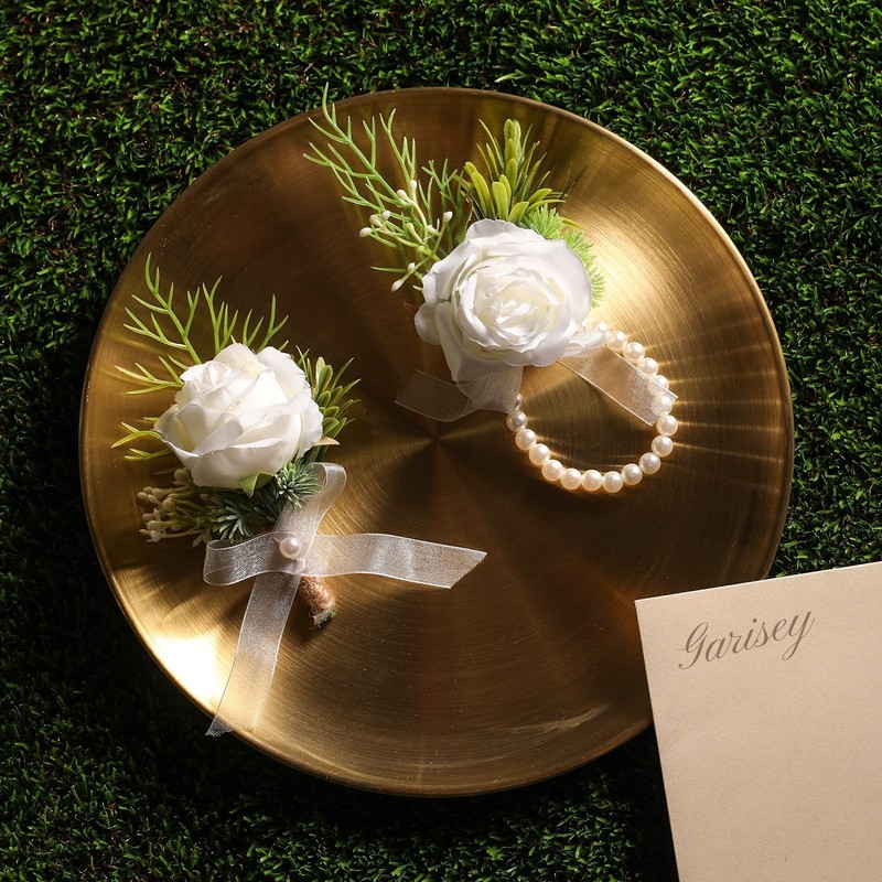 Wrist Corsage & Boutonniere Set Wedding Prom White Rose gallery