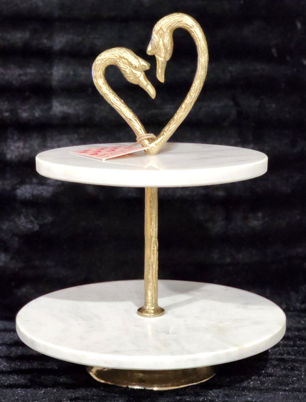 Marble Heart Swan 2-Tier Server Stand Tray 16×12 Bridal Wedding Shower Baby GLAM