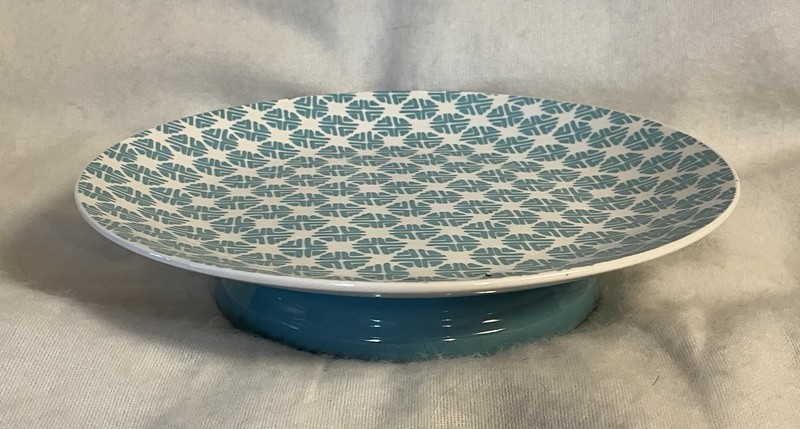Aqua Turquoise & White Ceramic Pedestal Cake Plate Fruit Plate