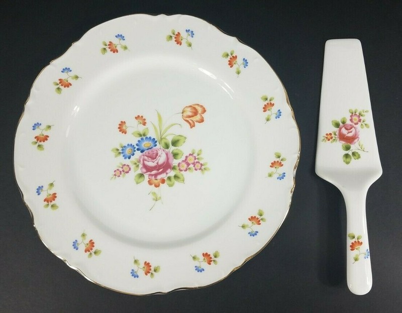 Vintage Seymour Mann Bouquet floral rose white porcelain cake plate with server