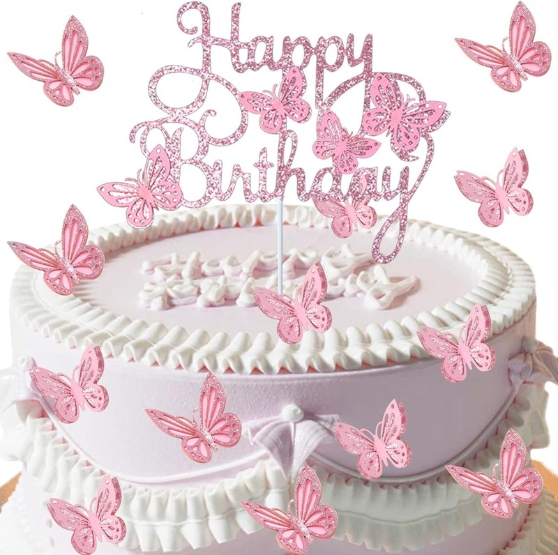 13PCS Butterfly Cake Toppers, 3D Pink Glitter Decorations for... 