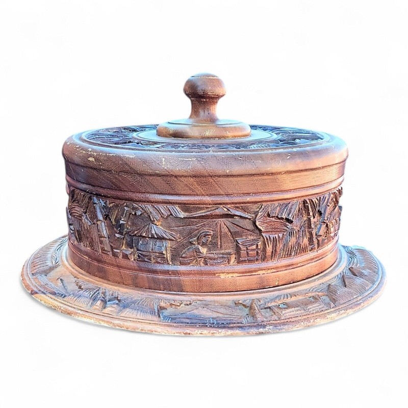 Vintage Hand Carved Monkey Pod Wood Cake Plate Lazy Susan Philippines Lid 16″