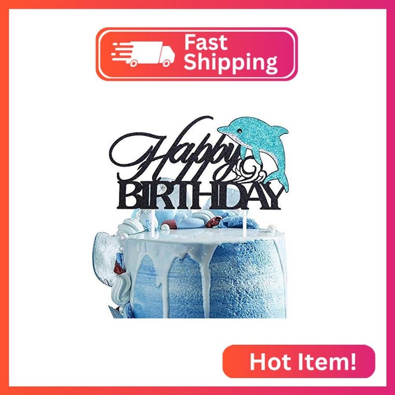 Artczlay Happy Birthday Cake Topper Blue Black Glitter Dolphin Marine Theme Boy