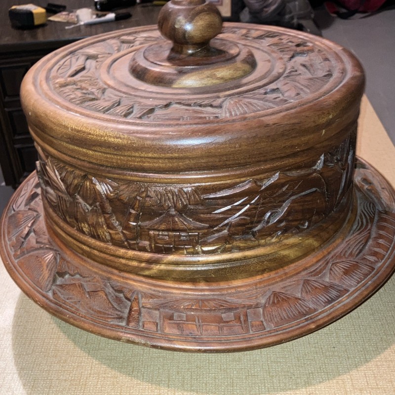 Vintage Hand Carved Wooden Cake Stand with Lid Abstract Pattern .Lazy Susan gallery