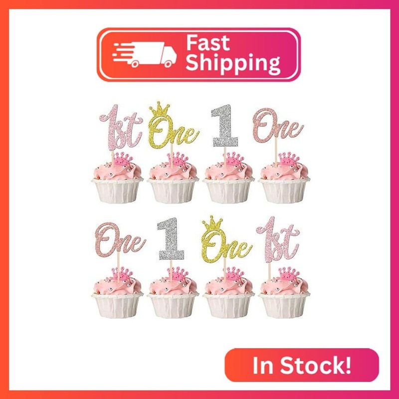 24 PCS One Cupcake Toppers Glitter Crown One 1st Birthday Cupcake Picks Number 1