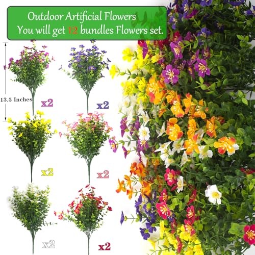 Grunyia Outdoor Artificial Flowers UV Resistant & Fade Proof, 12 Pack Mix gallery