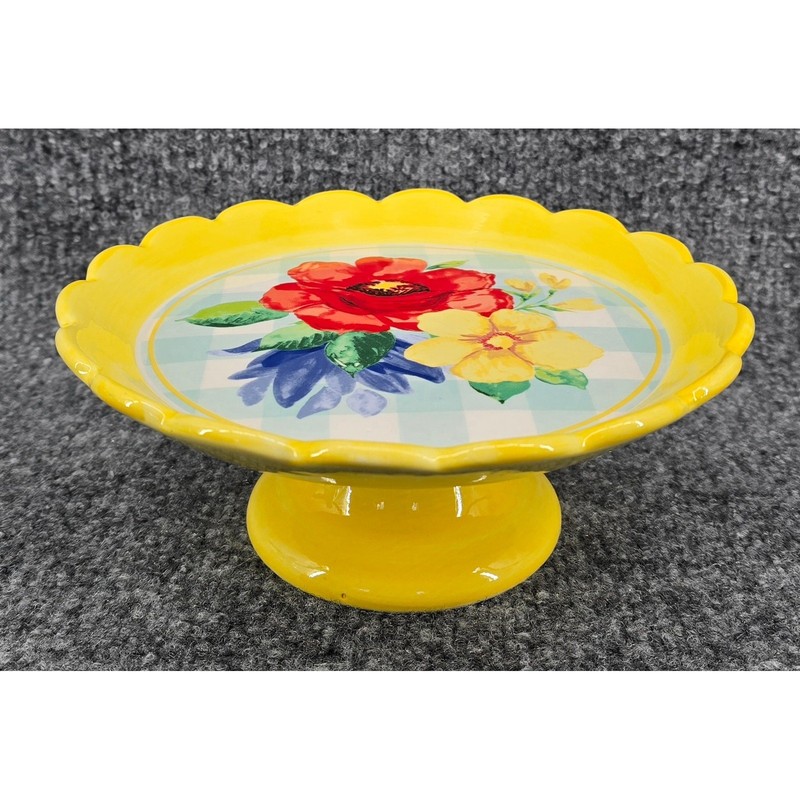 The Pioneer Woman Delaney Pedestal Stand 8″ Yellow Floral Scalloped Ceramic