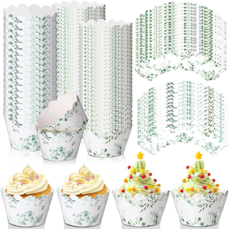 100 PCS Eucalyptus Cupcake Wrappers Rustic Liners Green Tulip Baking Cups