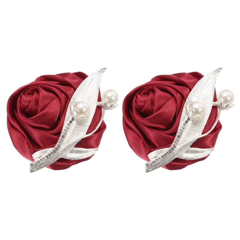 2 Pcs Boutonnieres for Men, Wine Red Groom Corsage Artificial Flower