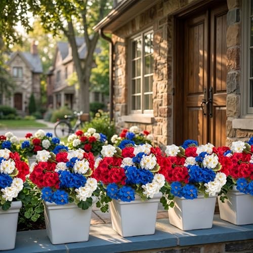 Pcs Artificial Geraniums Realistic Silk Patriotic 8 Red, White, Blue gallery