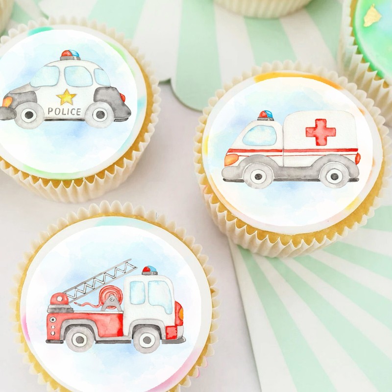 Emergency Vehicles Pre-cut Edible Cupcake or Cookie Toppers