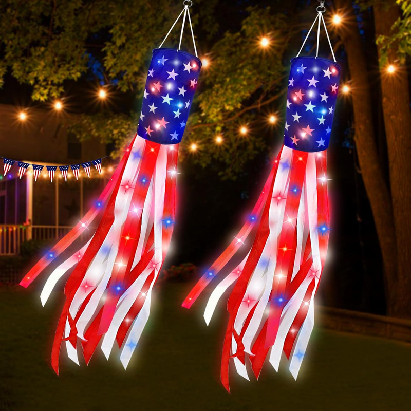 2 Pack 60 Inch American Flag Windsock with Red White Blue LED Lights, 250Th