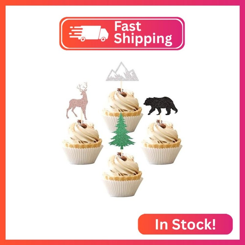 24 PCS Woodland Creatures Theme Cupcake Toppers Tree Mountain Deer Bear Cupcake
