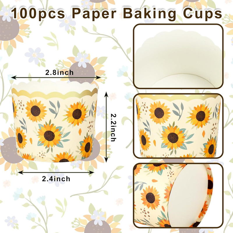 100 Pcs Summer Sunflower Paper Baking Cups with Scalloped Gold Rim Yellow Green gallery