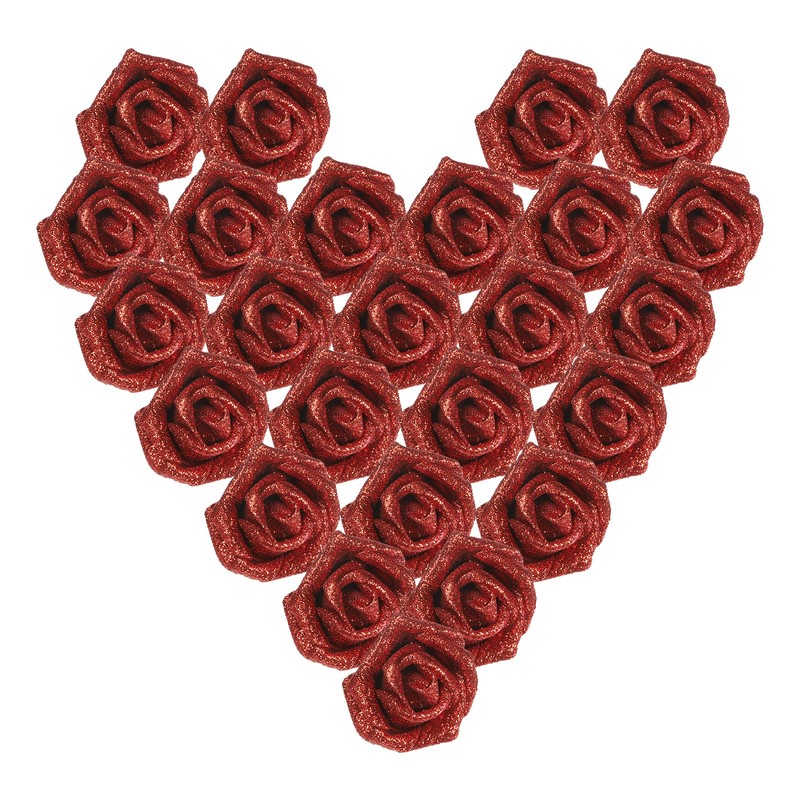 25Pcs Glitter Roses, Foam Artificial Flowers Roses Heads with Stem, Red