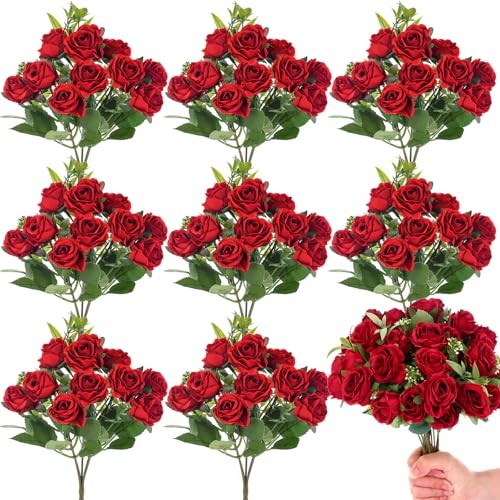 8 Pack Artificial Mini Roses, 12 Inch Fake Flowers with Stems, 80 Small Red gallery