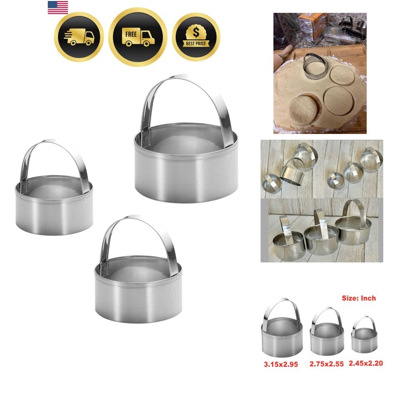 3 Pieces Round Biscuit Cutter with Handle – Stainless Steel Round Circle Doug…