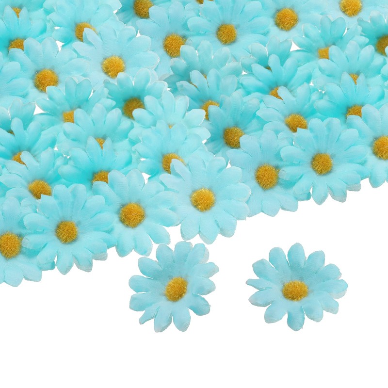 100pcs Artificial Daisies Flower Heads,1.6″ Silk Fake Daisies, Light Blue/Orange