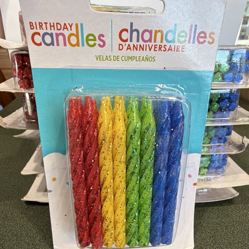 12-24 PkMulticolor Glitter Spiral Birthday Cake Candles, Red Yellow Green Blue
