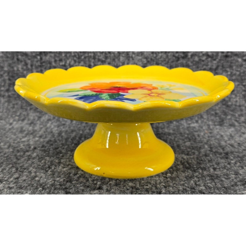 The Pioneer Woman Delaney Pedestal Stand 8" Yellow Floral Scalloped Ceramic gallery