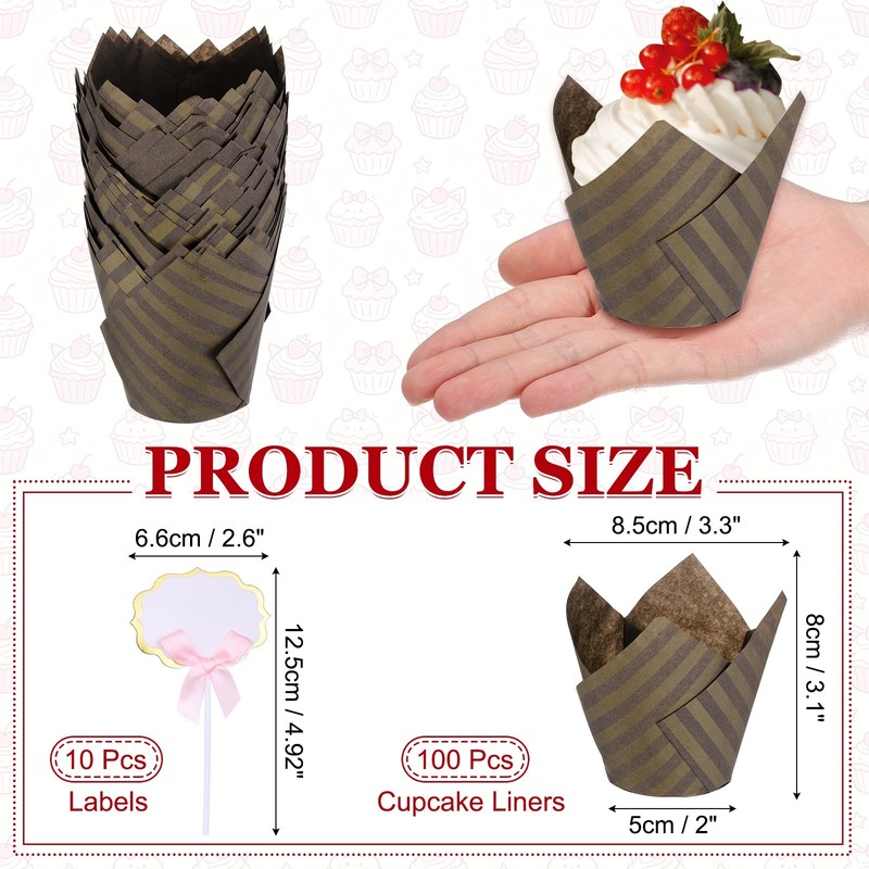 100Pcs Tulip Cupcake Liners with 10Pcs Cheese Markers Striped Liners, Brown gallery