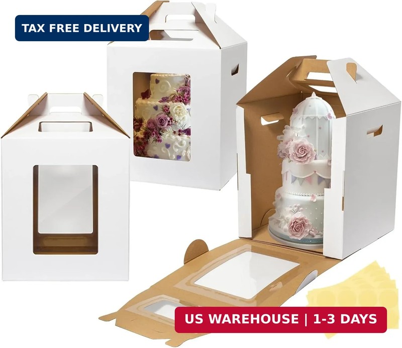 Wowxyz 3 Pack Tall Cake Boxes for Tier Cakes 12x12x14 Inch Disposable Layer Tall