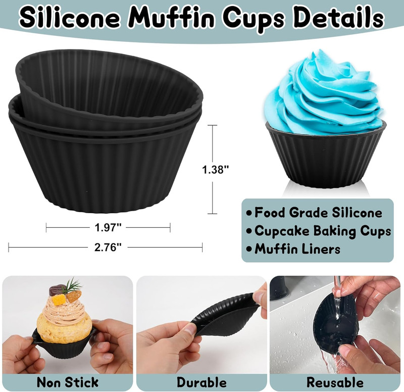 24 Pack Reusable Silicone Cupcake Liners Black, 2.76 Inch Silicone Muffin Cups f gallery