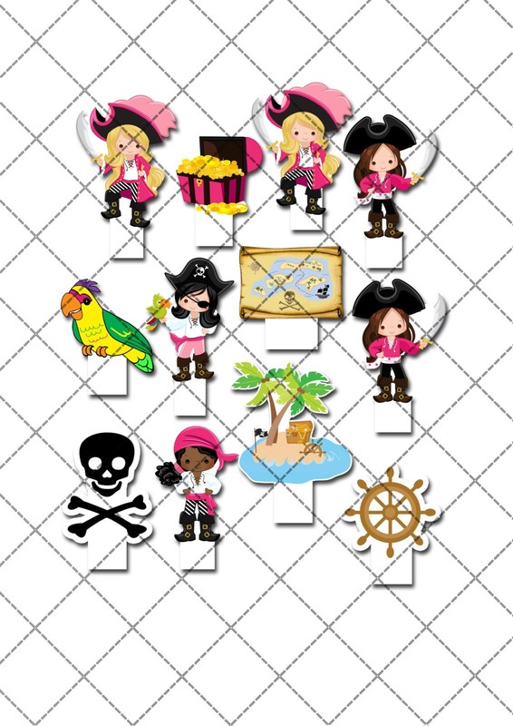 Pirate Girls Pre-cut Edible Stand Up Wafer Card Cupcake Toppers gallery