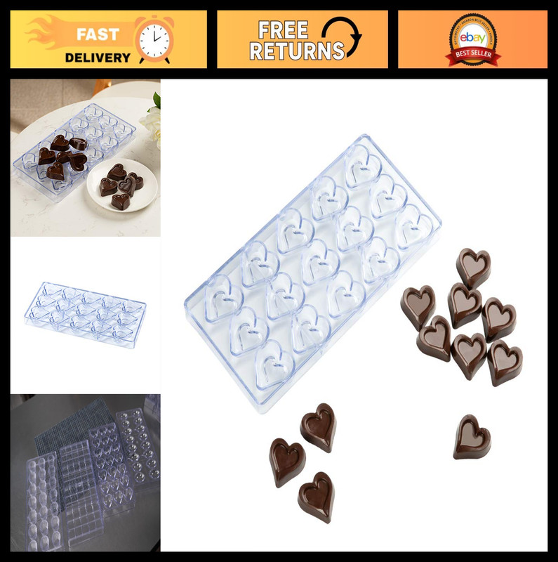 Heart Candy Molds – 10 Chocolate Molds, 15 Cavities, Freezer-Safe Polycarbonate