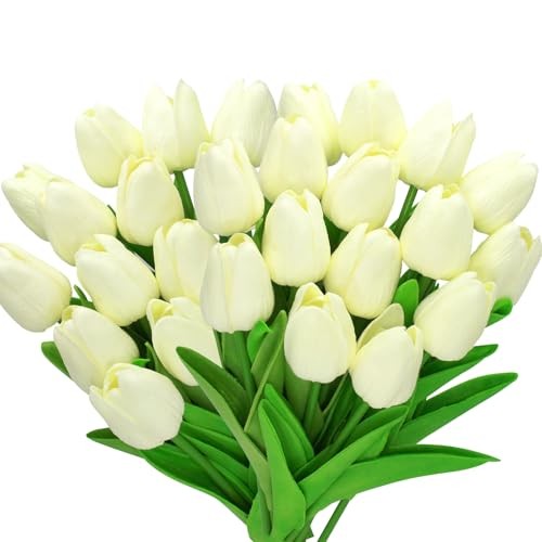 28pcs Flowers Artificial Tulip Stems Real Feel PU Tulips for Easter Cream