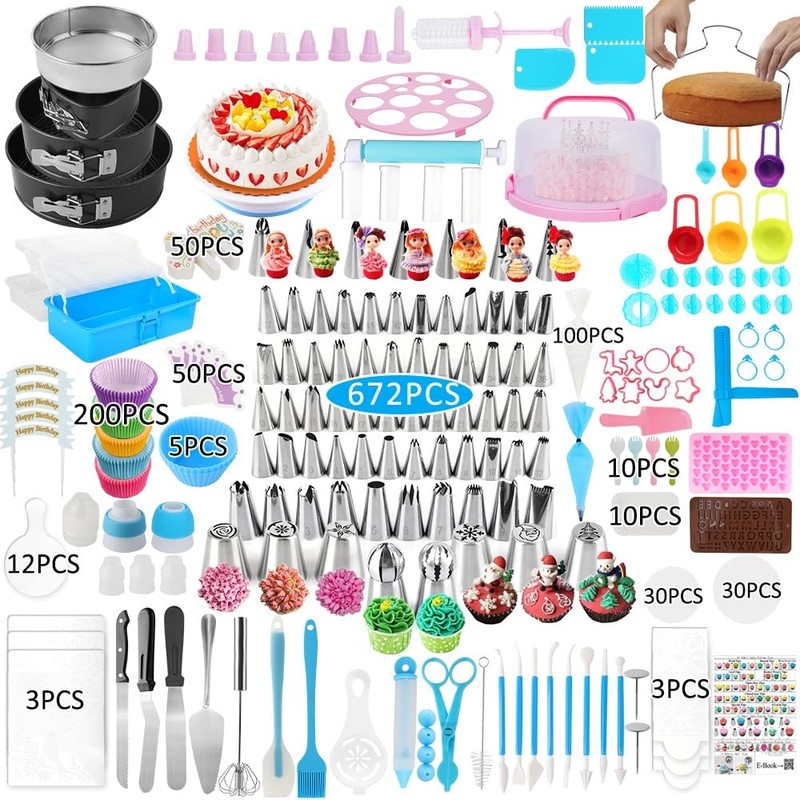 ake Decorating Kit, 672 Pcs Cake Decorating Supplies With Cake Carrier Holder…