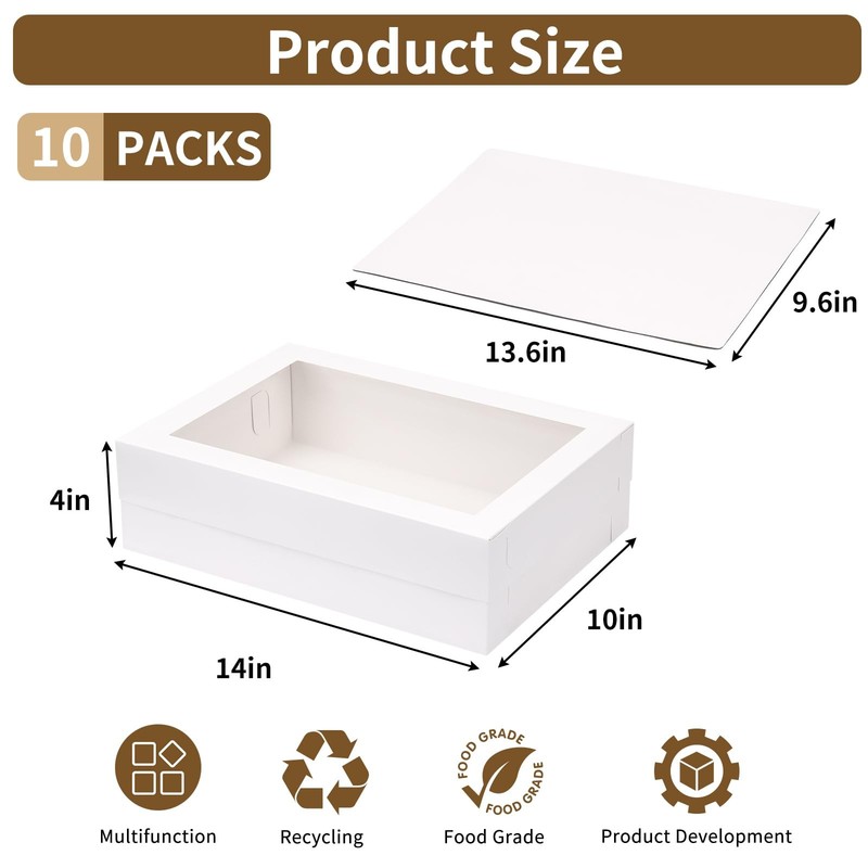 10pcs 14x10x4in Sheet Cake Boxes with Board White Rectangle Bakery Window gallery