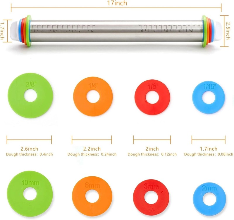 Rolling Pin with Thickness Rings, Fulimax 17" Adjustable Stainless Steel Rolling gallery