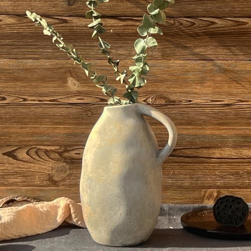 10.3 Inch Ceramic Rustic Farmhouse Vase with Handle, Vintage White White Gray