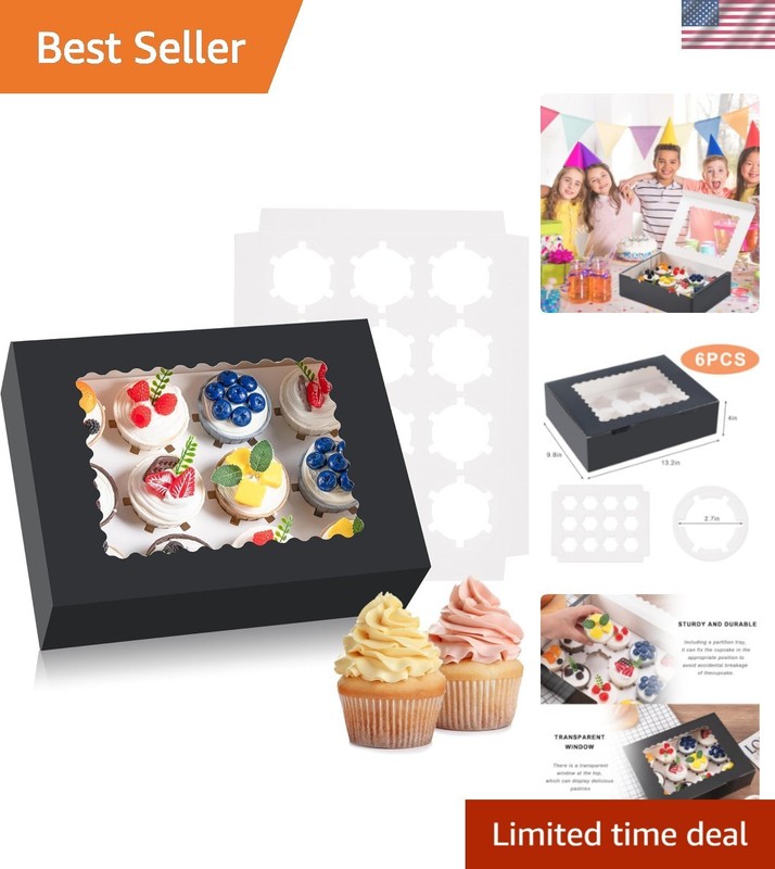 Elegant 6PCS Cupcake Box Set – Hold 12 Count – Clear Window, Durable Design
