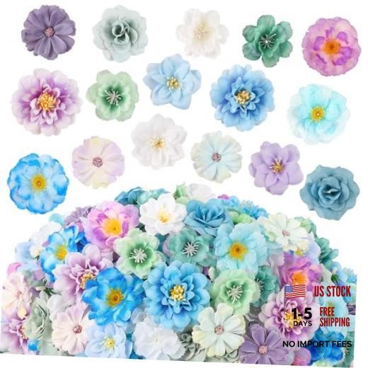 210 Pcs Mini Silk Flower Heads Small Fake Rose Daisy Faux Flowers Bulk Blue