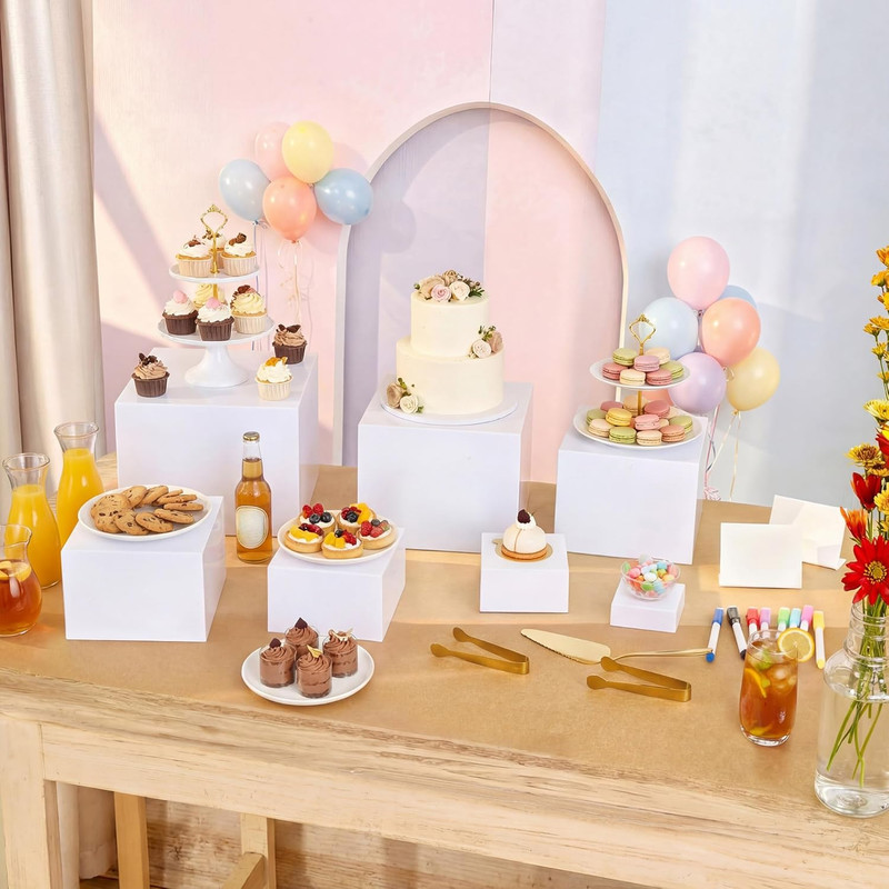 10 Pcs Buffet Risers with Mini Sign and Maker Serving Tongs Cake Cutter, White A gallery