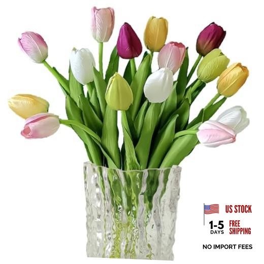 12pcs Tulips Artificial Flowers Real Touch Silk Faux White Pink Yellow Green