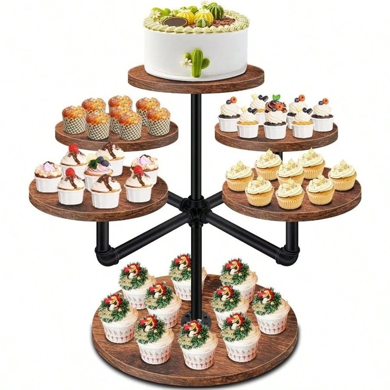 Rustic 3-Tier Cupcake Stand MDF Wood Metal Pipe Dessert Tower Party Display