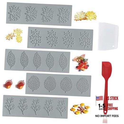 7Pcs Leaf Silicone Fondant Molds with Dough Scraper Silicone Spatula, 3D Gray