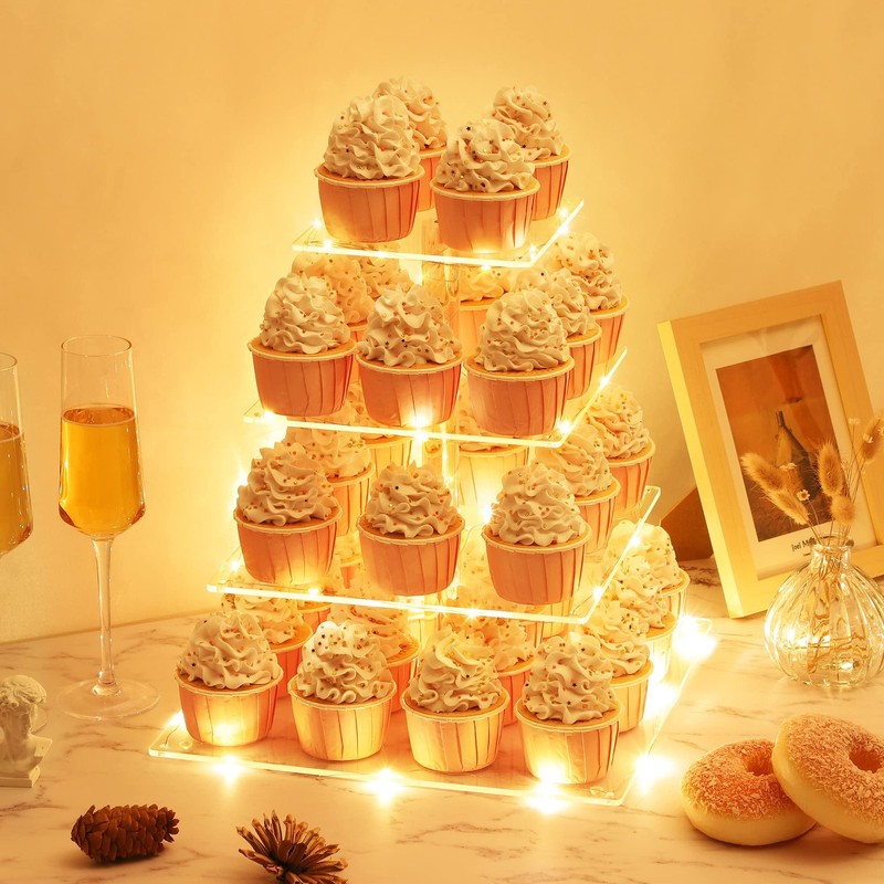 4 Tier Cupcake Stand with String Light, Acrylic Cupcake Display Stand, Square... gallery
